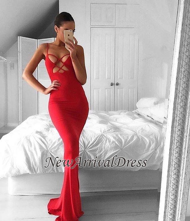 Spaghetti-Strap Sweep-Train Red Mermaid Sleeveless Hot Prom Dress EM0