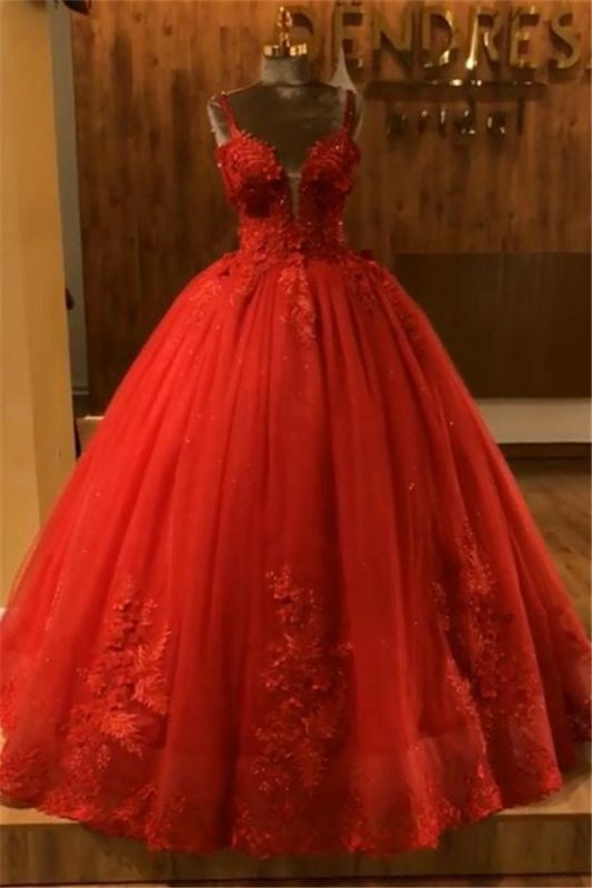 Red Straps Sleeveless Ball Gown Appliques Open Back Prom Dresses with Beading