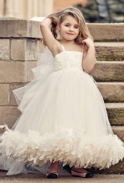 Spaghettis Tulle Feathers Cute Flower Girl Dresses Long Girl's Formal Dresses