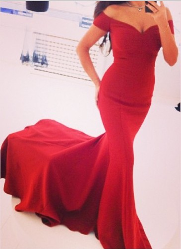 Arrival Prom Dresses Off the Shoulder Chiffon Red V-neck Court Train Short Sleeves Sheath Simple Evening Gowns