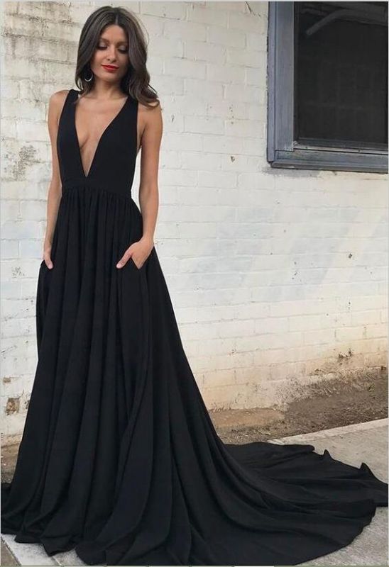 Backless Sexy Straps Black A-line Sleeveless V-neck Prom Dress