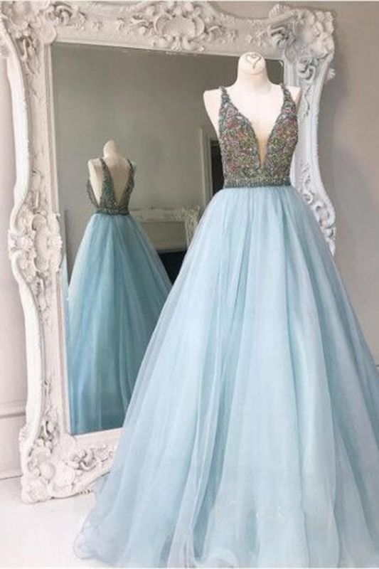 V-neck Sleeveless Crystals Stunning Zipper Tulle Custom Made A-line Prom Dresses