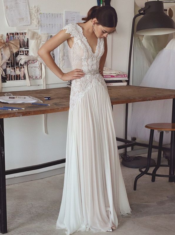 Chiffon Cap Sleeve Crystals Long Glamorous Wedding Dress