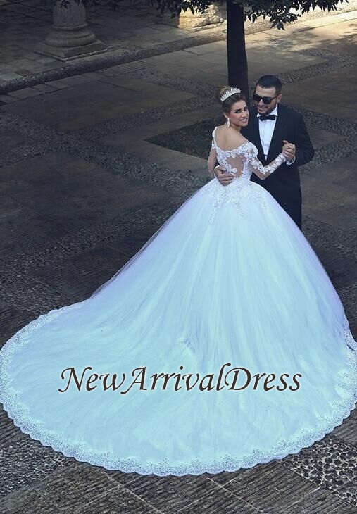 Appliques Tulle Long Sleeves  Online New Arrival Lace Beadings Elegant Ball Gown Wedding Dresses