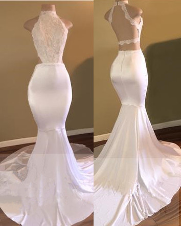 New Arrival High Neck Sleeveless Evening Gowns | White Mermaid Prom Dresses