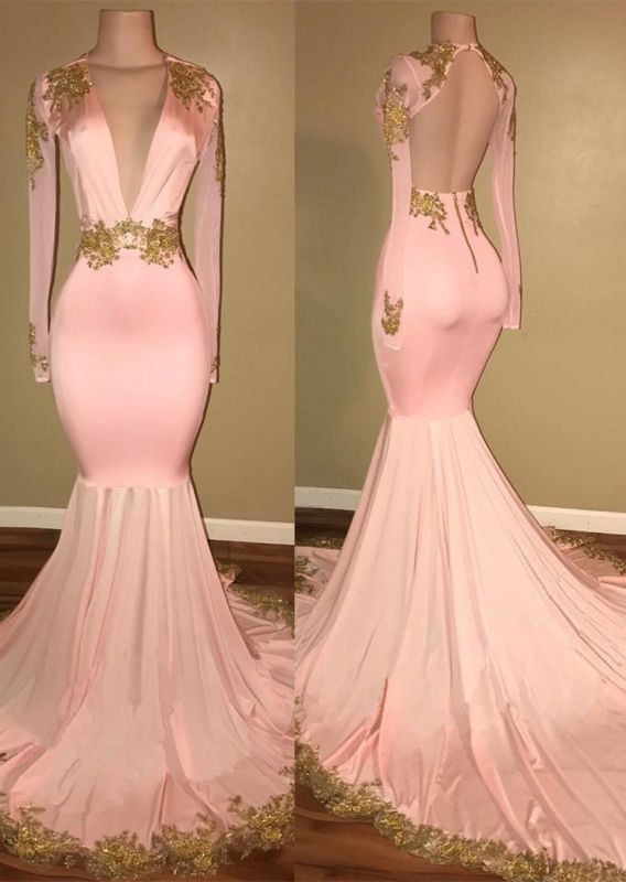V-neck Long Sleeve Pink Mermaid Lace Prom Dresses