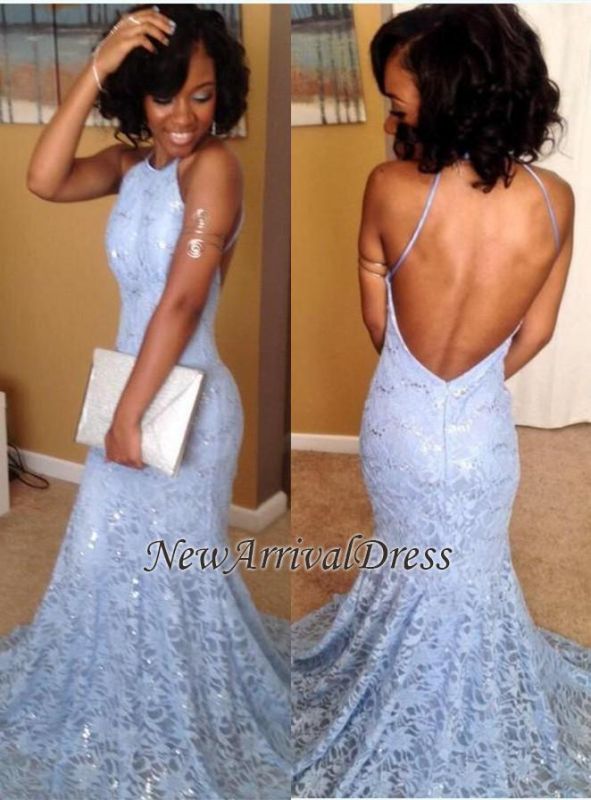 Halter Simple Backless Mermaid Lace  Prom Dress