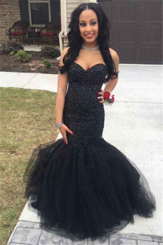 Dress Tulle Mermaid Beading Sexy Prom Black Sleeveless Evening Gown