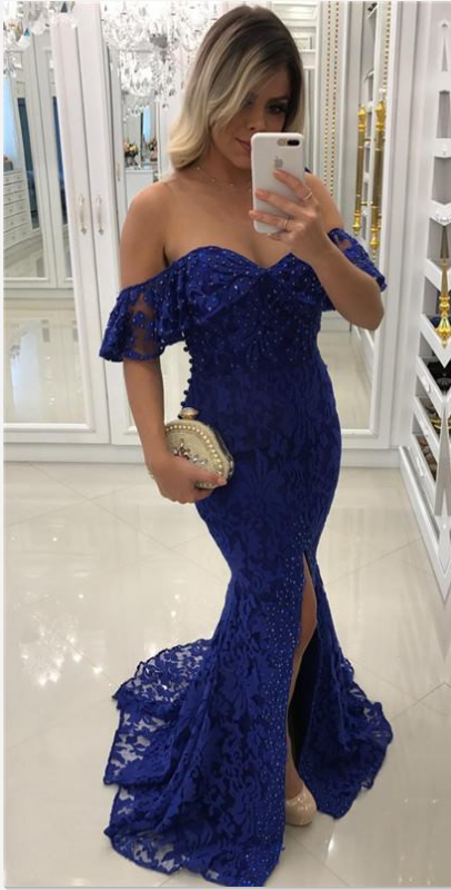 Sweetheart Lace Mermaid  Off-shoulder Split Pearls Prom Dresses