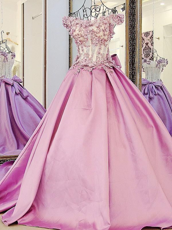 Beaded Puffy Off The Shoulder Pink Flowers Appliques Bows Long Prom Dresses