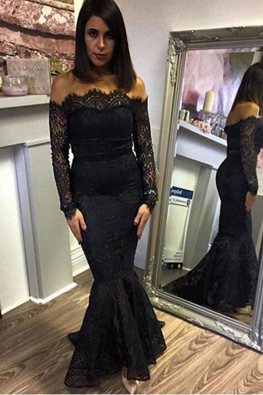 Off-shoulder Elegant Lace Black Prom Dress | Long Sleeve Prom Dress