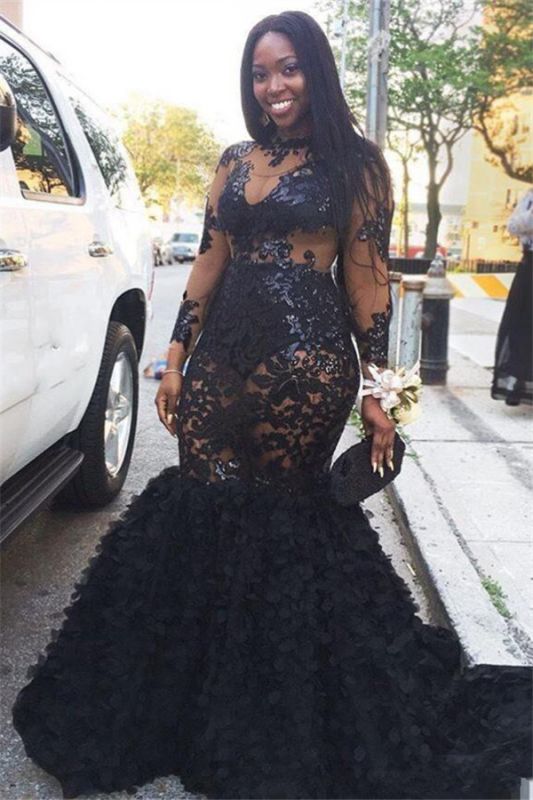 Black Long Sleeve Plus Size Prom Dresses |  Appliques Mermaid Long Formal Dresses SK0171