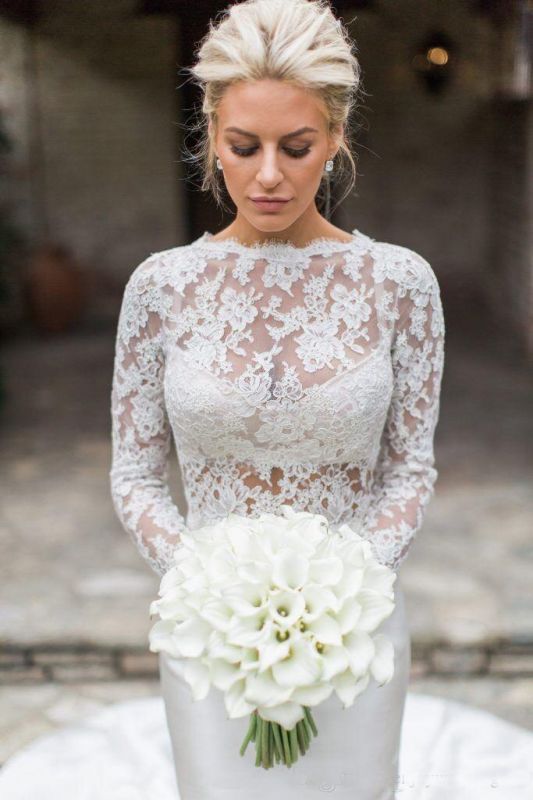 Elegant Lace Appliques Mermaid  Wedding Dresses | Sheer Tulle Long Sleeve Bridal Gowns