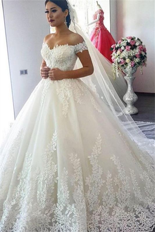 Neu Sweep Zug Hochzeitskleid Brautkleid Schulterfrei Applikationen Spitze Kleid 