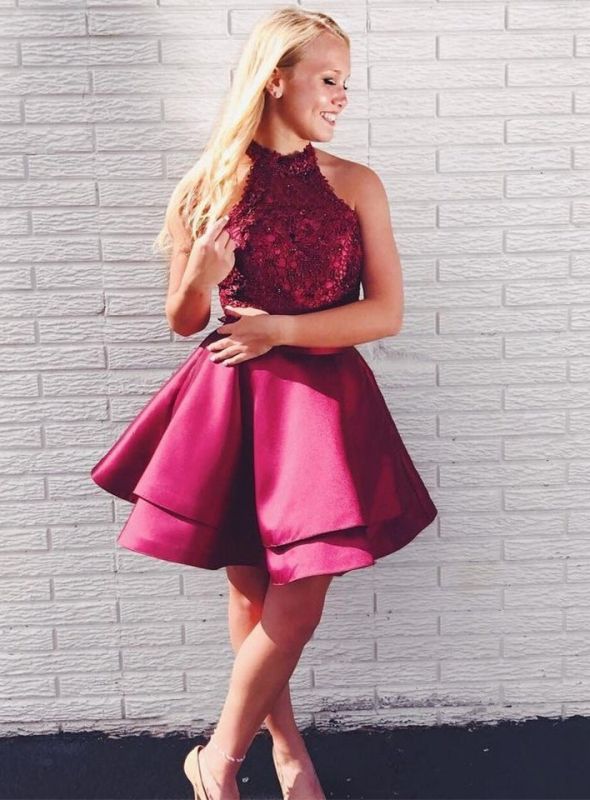 Newest Lace Beads Halter Homecoming Dress | Short Ruffled Party Gown