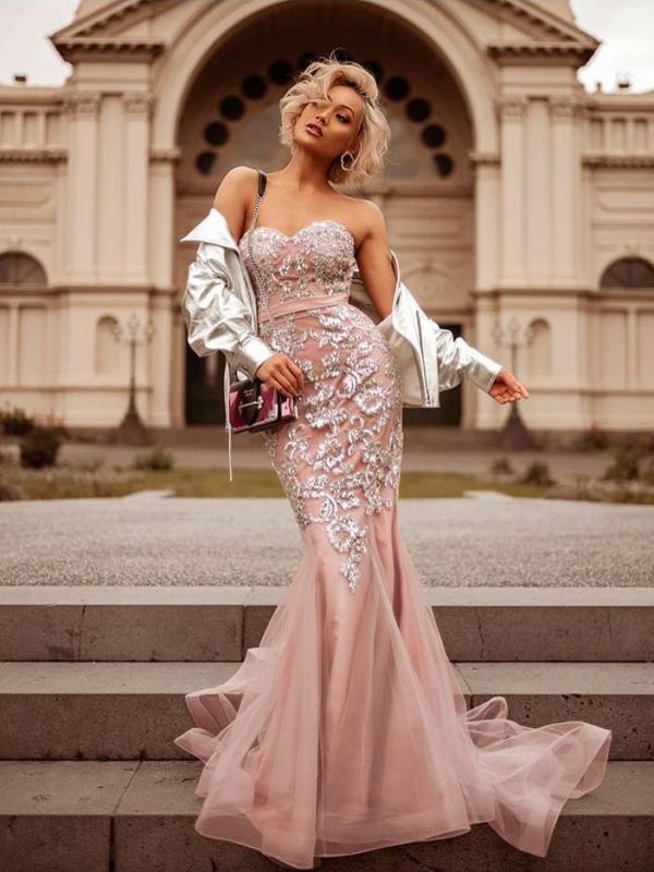 Mermaid Pink Shiny Sequin Sweetheart Appliques Prom Dresses | 2021 Evening Gowns