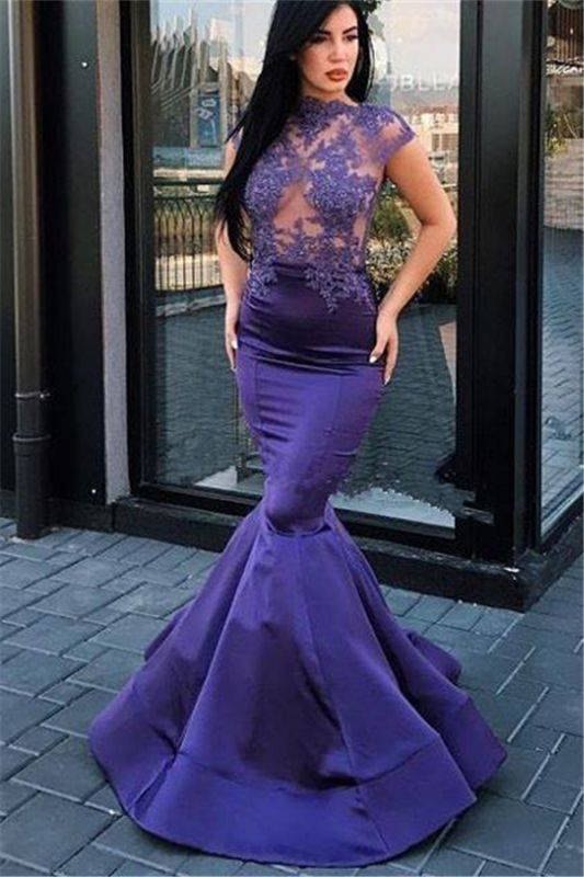 New Arrival Crew Short Sleeves  Appliques Mermaid Prom Dresses