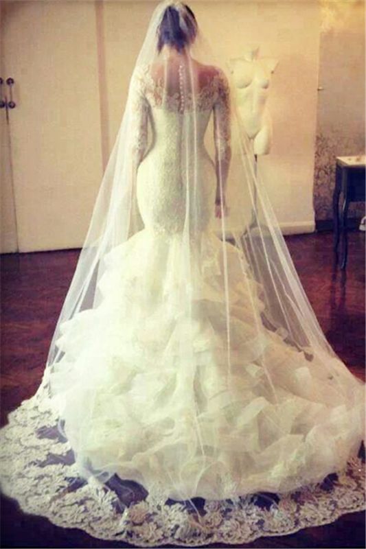 Robes de mariée magnifiques robes de mariée à manches longues en dentelle sirène pas cher avec voile de mariage
