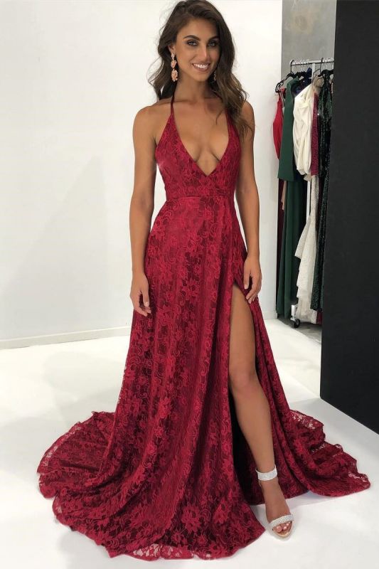 Robe de bal rouge à bretelles spaghetti en dentelle modeste | Robe de soirée fendue devant BA9243