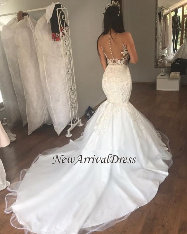 Sleeveless Lace Mermaid Gorgeous Long Buttons Wedding Dresses
