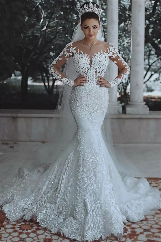 Luxus Perlen Meerjungfrau Brautkleider mit Ärmeln | Illusion Tüll Spitze Applikationen Brautkleider