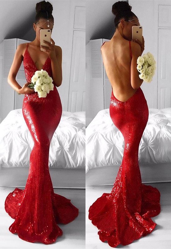 Sexy Red Sequins Prom DressBackless Mermaid Long Party Gowns BA7966