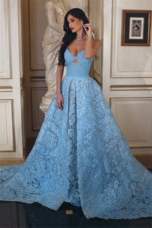 Glamorous Ruffles A-line Sweetheart Blue Lace Prom Dress