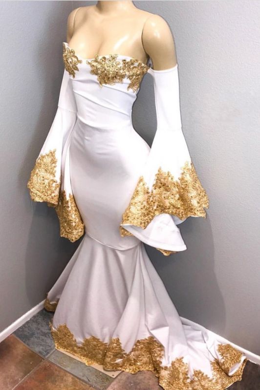 Off The Shoulder Long Sleeve Mermaid Gold Lace Prom Dresses  BA8276