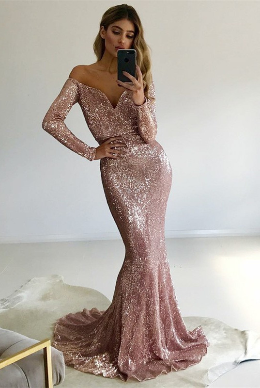 Gorgeous Long-Sleeve V-Neck Prom Dress |Mermaid Sequins Evening Gowns