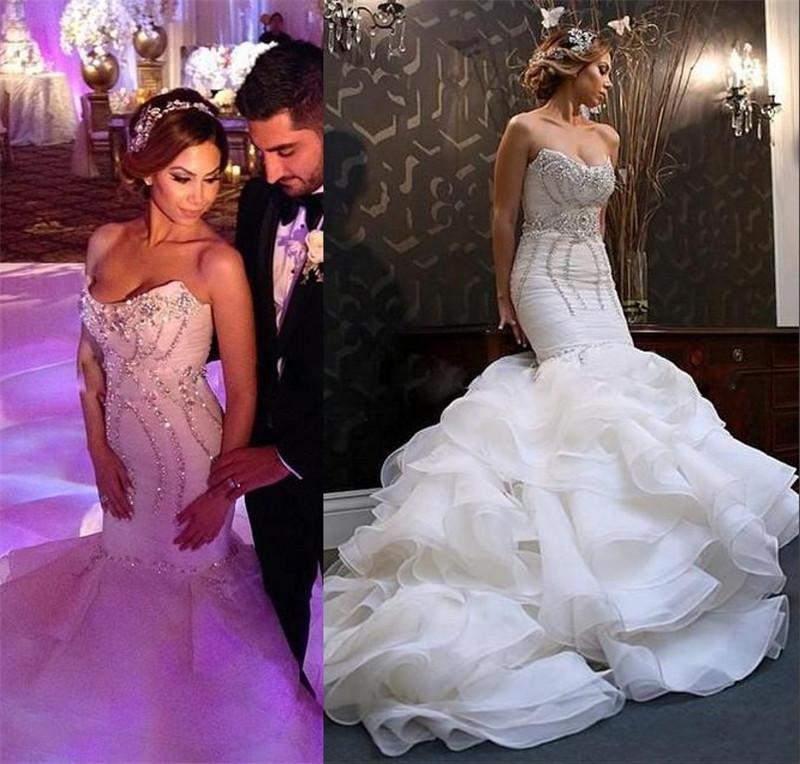 New Arrival Mermaid Sweetheart Wedding Dreses, Sexy Strapless Crystals  Ruffles Bridal Gowns