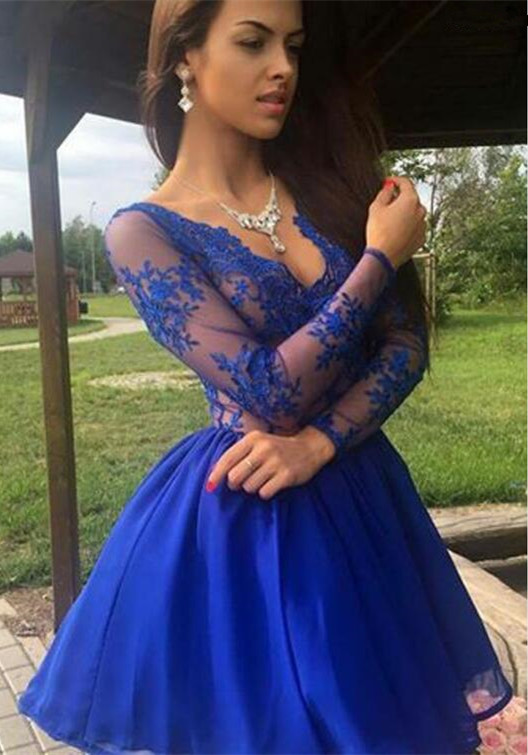 Newest Lace Royal Blue Short Long Sleeve Homecoming Dress