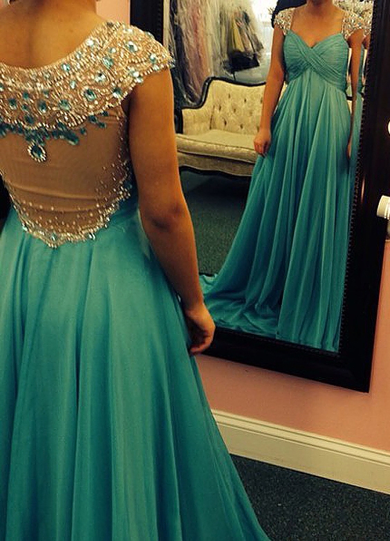 Turquoise Crystals Chiffon Prom Dresses A-line Ruched Sheer Back Evening Gowns