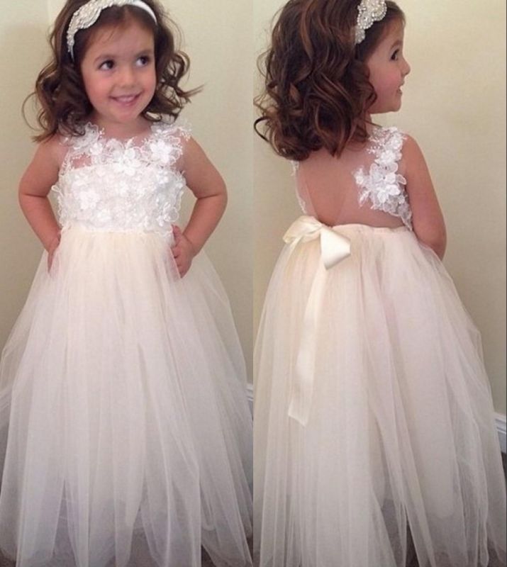 Bowknot Cute A-line Floral-Appliques Floor-Length Flower-Girl-Dresses