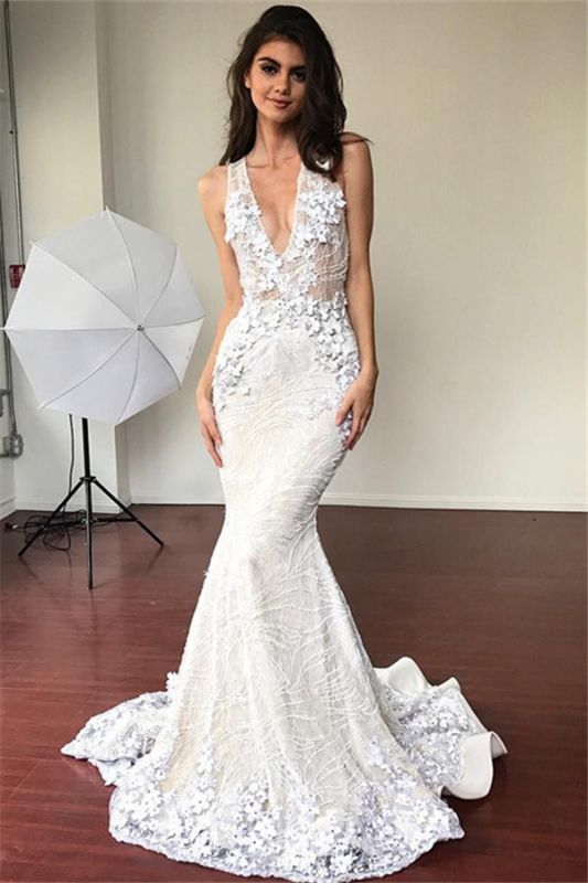 Vestidos de novia sin mangas con cuello en V de sirena sexy | Flores de encaje elegantes vestidos de novia 2021