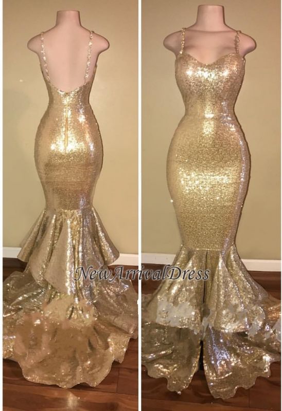 Gold Spaghetti Straps Layers-Train Sequins Mermaid Shiny Long Prom Dresses