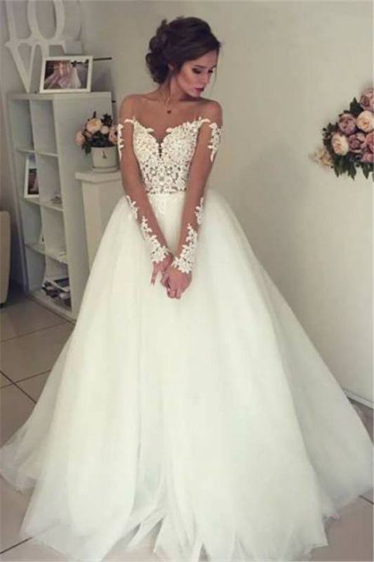 Sheer Long Sleeve Lace Wedding Dresses Open Back Tulle Ball Gown Bridal Dress