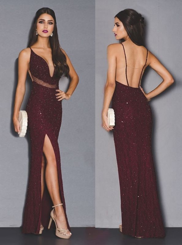 Newest Sequined Spaghetti Strapless Prom Dress | Front Split Formal Dress BA9396