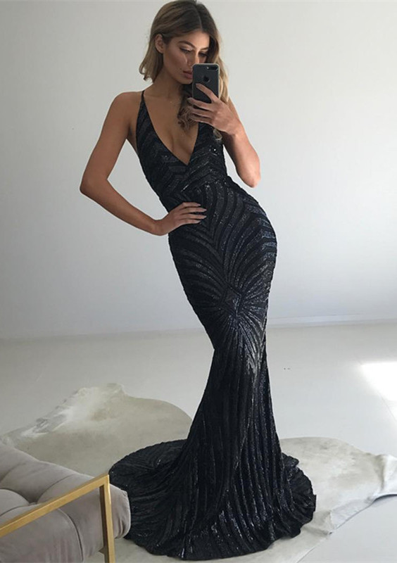 Sexy schwarzes Abendkleid mit V-Ausschnitt | Meerjungfrau Abendkleider BA8974