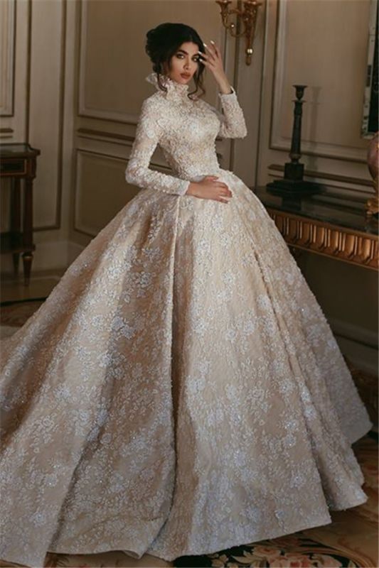 Vintage Lace Long Sleeves Brautkleider | 2021 High Neck Glamorous Brautballkleider