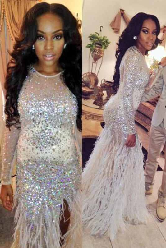 Luxury Feather Prom Dresses Long Sleeves Crystals Beaded Side Split Sexy Evening Gowns