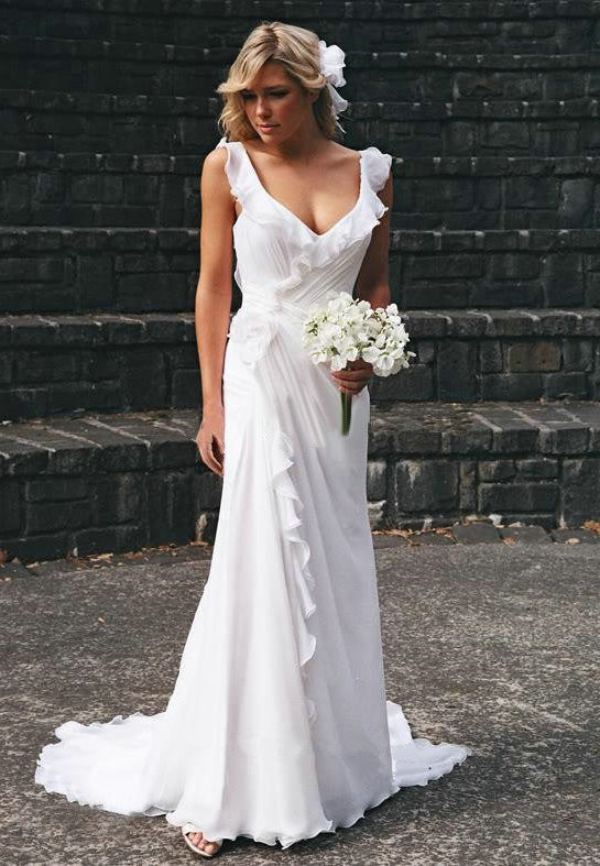 Stunning Backless Chiffon Wedding Dresses | Summer Beach Ruffles Sleeveless Bridal Gowns