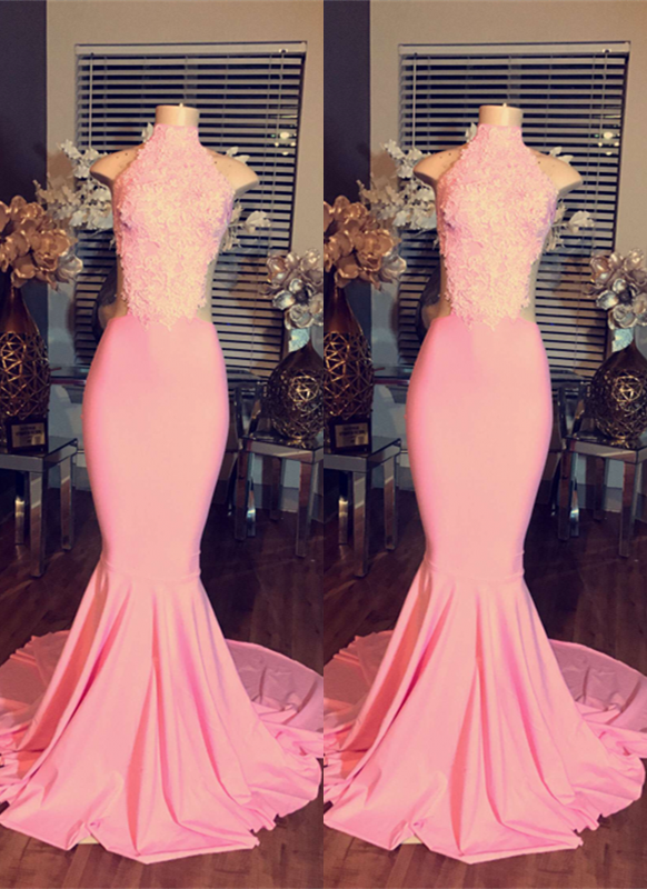 High Neck Lace Mermaid Sleeveless Pink Long Prom Dresses  BA4981