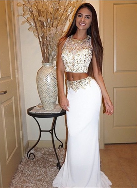 Crystals Newest Jewel Sleeveless Mermaid Sweep-Train Two-Piece Prom Dress