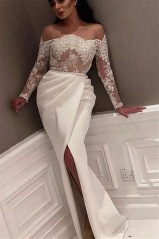 Off-the-Shoulder White Side-Slit Evening Gowns | Delicate Prom Dress