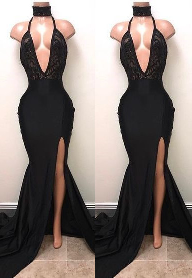 Black High Neck Lace Front Split Mermaid Prom Dresses  BA8440