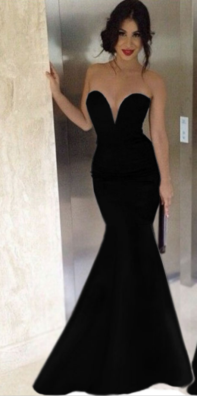 Sexy Black V-Neck Mermaid Satin Evening DressFloor Length