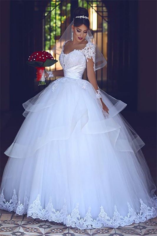 Lace Tulle Puffy Wedding Dresses Long Sleeves 2021 | Sheer Tulle  Ball Gown Bridal Gowns