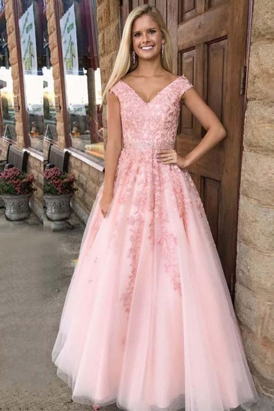 Robe de bal élégante en dentelle rose à bretelles trapèze sans manches au sol