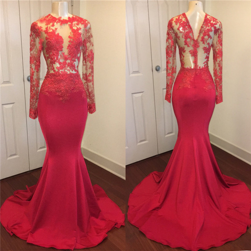 Red Lace Appliques Mermaid Prom Dresses with Sleeves on Mannequins