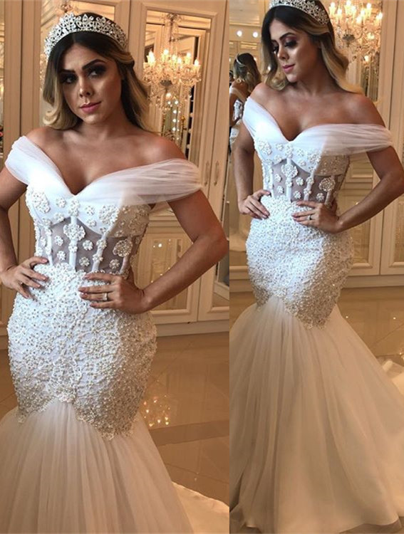 Modest Beads Sexy fuera del hombro vestidos de novia | Vestidos de novia baratos en línea de sirena